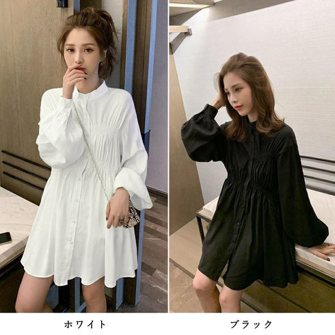 韓国 シャツワンピース 長袖 ミニワンピ 体型カバー チュニックワンピ ウエストマーク ブラウスワンピース レディース ロング丈シャツブラウス 長袖トップス春夏秋 ZHUIMR-025