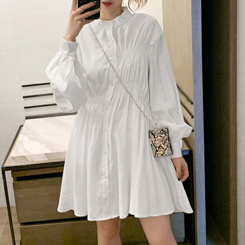 韓国 シャツワンピース 長袖 ミニワンピ 体型カバー チュニックワンピ ウエストマーク ブラウスワンピース レディース ロング丈シャツブラウス 長袖トップス春夏秋 ZHUIMR-025