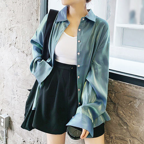 サテンブラウス レディース カーディガン 韓国ビッグシャツ 体型カバートップス オーバーサイズ おしゃれロングシャツ 羽織り 長袖カーディガン カラーシャツ着やせ ZHUIMR-050