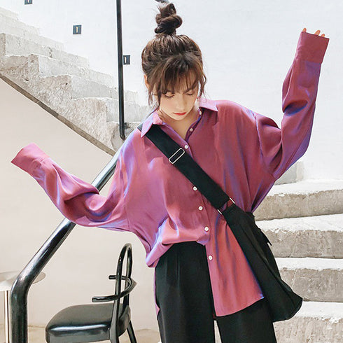 サテンブラウス レディース カーディガン 韓国ビッグシャツ 体型カバートップス オーバーサイズ おしゃれロングシャツ 羽織り 長袖カーディガン カラーシャツ着やせ ZHUIMR-050