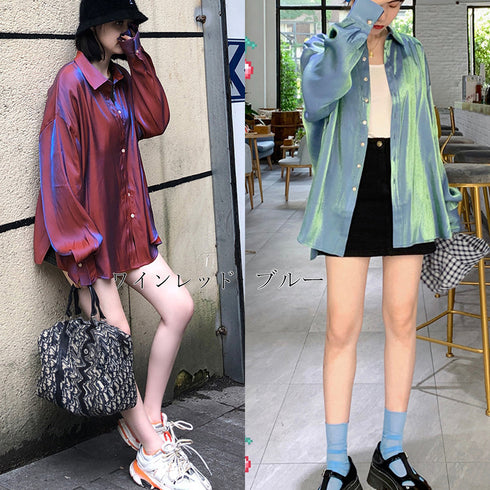 サテンブラウス レディース カーディガン 韓国ビッグシャツ 体型カバートップス オーバーサイズ おしゃれロングシャツ 羽織り 長袖カーディガン カラーシャツ着やせ ZHUIMR-050