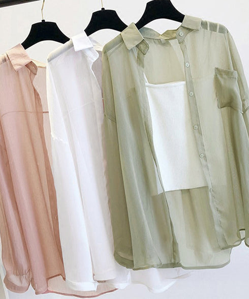 長袖シアーカーディガン 夏服シアーシャツ UV対策カーディガン シフォンブラウスレディース ロング丈トップス体型カバー 羽織り 日除けシャツブラウス透け感 韓国風 ZHUIMR-052