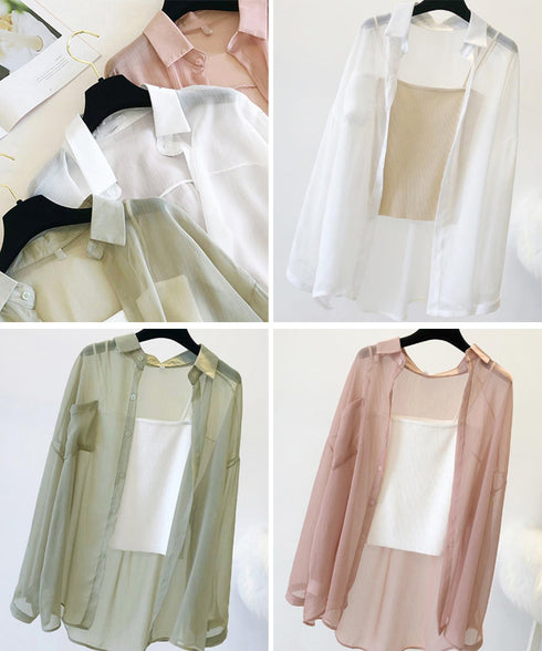 長袖シアーカーディガン 夏服シアーシャツ UV対策カーディガン シフォンブラウスレディース ロング丈トップス体型カバー 羽織り 日除けシャツブラウス透け感 韓国風 ZHUIMR-052