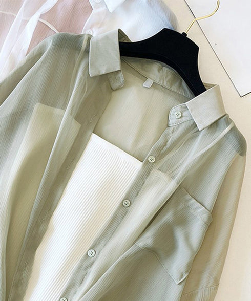 長袖シアーカーディガン 夏服シアーシャツ UV対策カーディガン シフォンブラウスレディース ロング丈トップス体型カバー 羽織り 日除けシャツブラウス透け感 韓国風 ZHUIMR-052