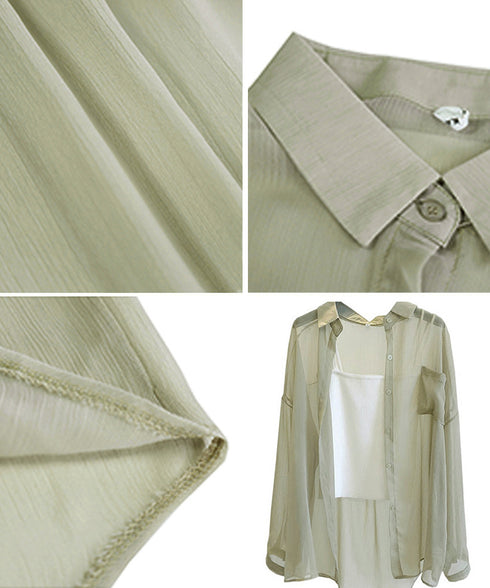 長袖シアーカーディガン 夏服シアーシャツ UV対策カーディガン シフォンブラウスレディース ロング丈トップス体型カバー 羽織り 日除けシャツブラウス透け感 韓国風 ZHUIMR-052
