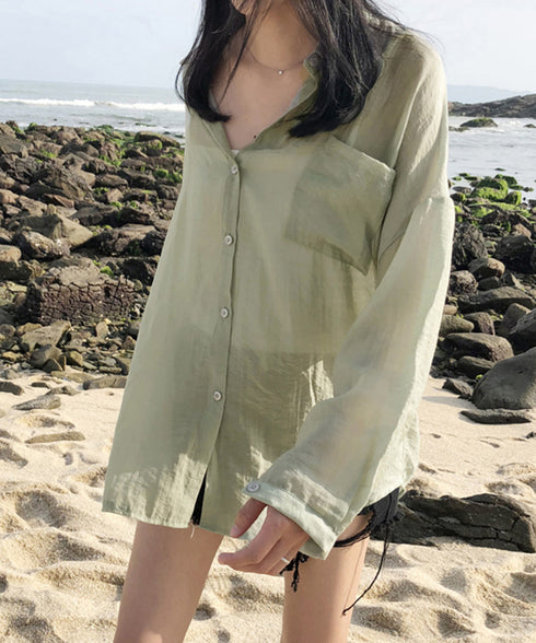 長袖シアーカーディガン 夏服シアーシャツ UV対策カーディガン シフォンブラウスレディース ロング丈トップス体型カバー 羽織り 日除けシャツブラウス透け感 韓国風 ZHUIMR-052