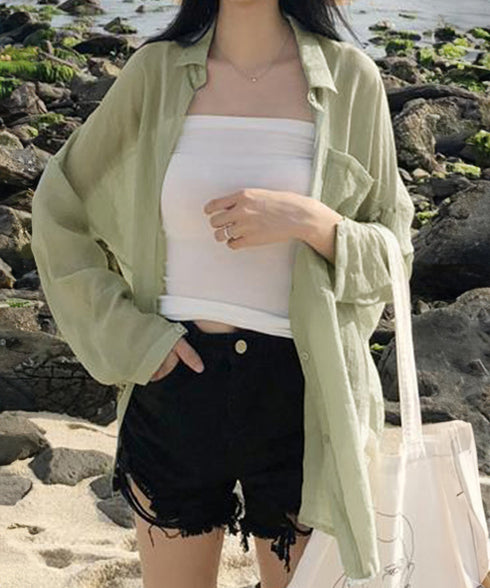 長袖シアーカーディガン 夏服シアーシャツ UV対策カーディガン シフォンブラウスレディース ロング丈トップス体型カバー 羽織り 日除けシャツブラウス透け感 韓国風 ZHUIMR-052
