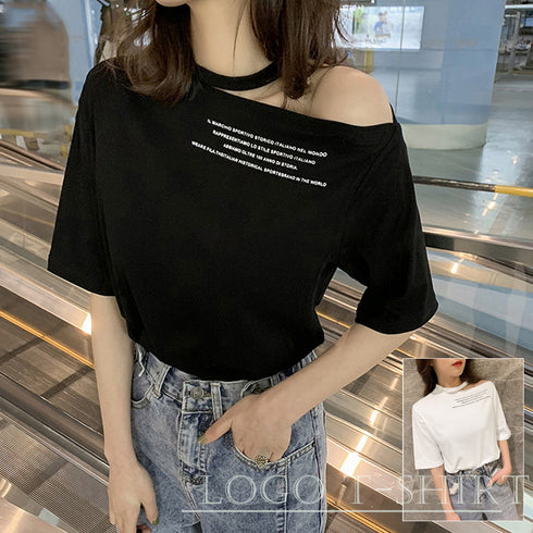 ワンショルダー tシャツ レディース ワンショルダー tシャツ レディース ロゴ カットソー 半袖 トップス 春夏 肩あき プルオーバー おしゃれ ZHUIMR-064