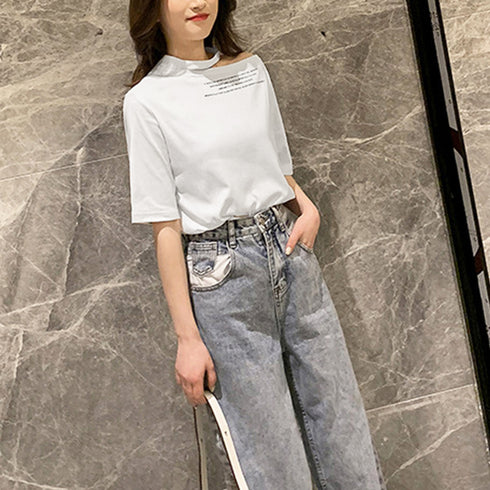 ワンショルダー tシャツ レディース ワンショルダー tシャツ レディース ロゴ カットソー 半袖 トップス 春夏 肩あき プルオーバー おしゃれ ZHUIMR-064