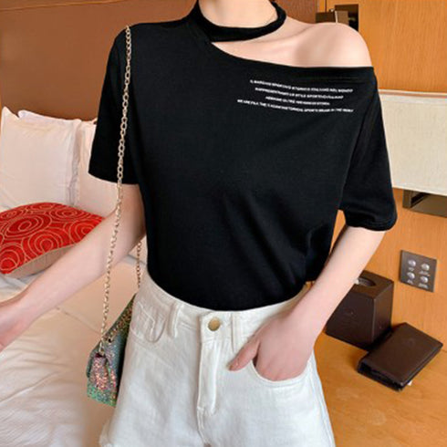 ワンショルダー tシャツ レディース ワンショルダー tシャツ レディース ロゴ カットソー 半袖 トップス 春夏 肩あき プルオーバー おしゃれ ZHUIMR-064