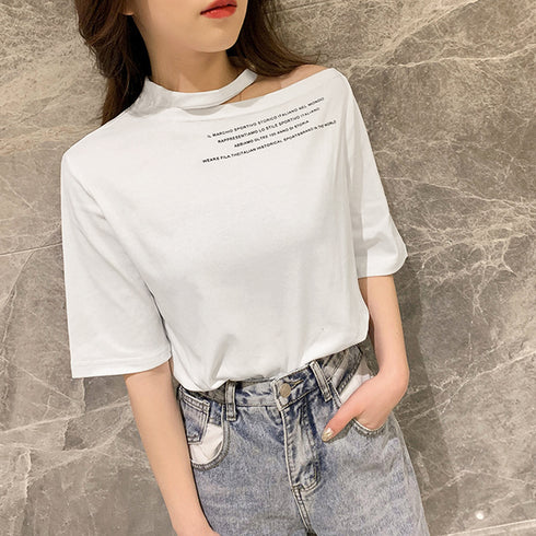 ワンショルダー tシャツ レディース ワンショルダー tシャツ レディース ロゴ カットソー 半袖 トップス 春夏 肩あき プルオーバー おしゃれ ZHUIMR-064
