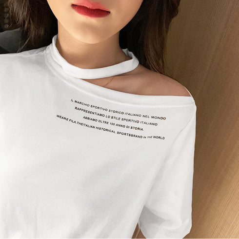 ワンショルダー tシャツ レディース ワンショルダー tシャツ レディース ロゴ カットソー 半袖 トップス 春夏 肩あき プルオーバー おしゃれ ZHUIMR-064
