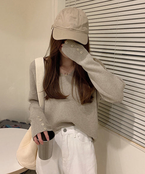 ニットトップス レディース Vネック長袖 韓国 リブニットセーター秋冬 プルオーバーニット無地 シンプルニットソーお洒落 チクチクしない ボタン飾り ニット暖かい ZHUIMR-096