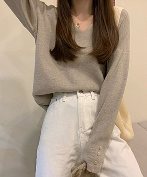 ニットトップス レディース Vネック長袖 韓国 リブニットセーター秋冬 プルオーバーニット無地 シンプルニットソーお洒落 チクチクしない ボタン飾り ニット暖かい ZHUIMR-096
