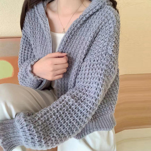 ニットパーカー 秋冬 カーディガン 韓国 レディース おしゃれ フード付き ジップアップ ニットトップス 無地 ざっくりニット アウター ローゲージ 畦編みニット ZHUIMR-116