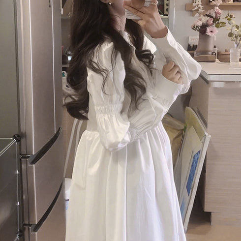 白シャツワンピース長袖 韓国ファッション レディース Aラインワンピース シンプル ウエストマークワンピース きれいめ オフィスカジュアル 体型カバー フェミニン ZHUIMR-118