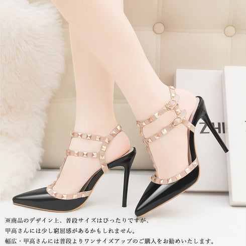 サンダルパンプス ハイヒール サンダルパンプス ハイヒール レディース スタッズpumpsポインテッドトゥ キャバパンプス アンクルストラップ結婚式靴 ZHWM-002