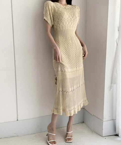 透かし編みニットワンピース2点セット韓国 レディース おしゃれ クロシェニット キャミワンピ付き サマーマーメイドワンピース 半袖 ラウンドネック 春夏 きれいめ AMBL-6001