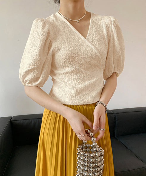 カシュクール トップス パフスリーブ レディース 半袖 フェミニンブラウス 上品 vネック カットソー レトロ風 オシャレ プルオーバー AMJZ-83007