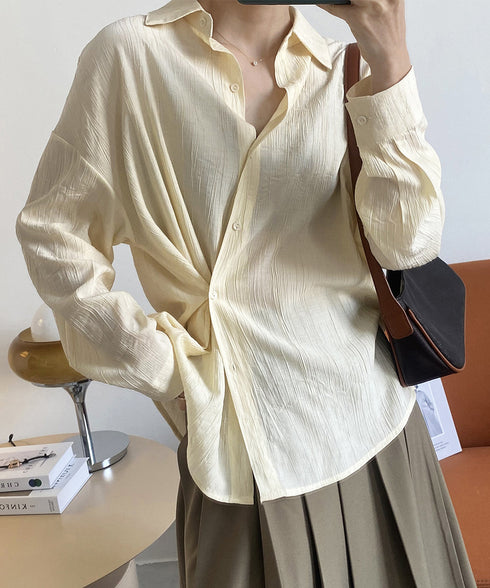 シャツブラウス レディース ゆったり オフィスカジュアル シワ加工シャツ 薄手 ドロップショルダーブラウス お洒落 開襟シャツ AMTC-80005
