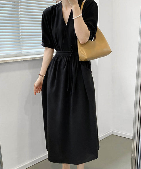カシュクールワンピース Vネック夏ワンピ レトロ風 パフスリーブ ロングワンピース 半袖 レディース ウエストマーク 上品 サマーワンピ AMTC-80012