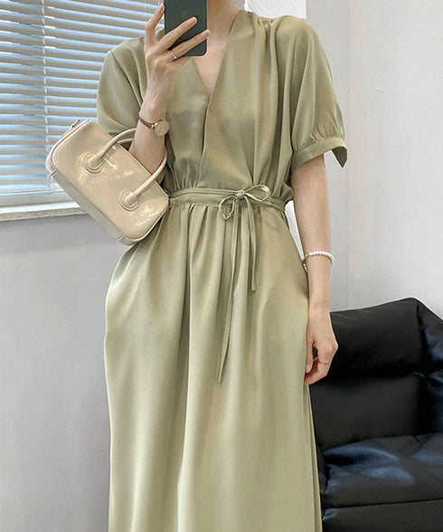 カシュクールワンピース Vネック夏ワンピ レトロ風 パフスリーブ ロングワンピース 半袖 レディース ウエストマーク 上品 サマーワンピ AMTC-80012