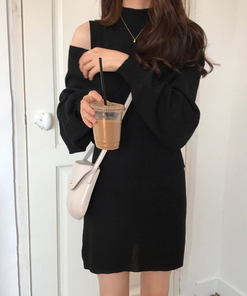 ニットワンピース セットアップ 韓国風 カシュクール ニットトップス レディース タンクワンピース きれいめ ミニ丈ワンピース 肩出し ニットセンター 秋冬上品 AMVV-86002