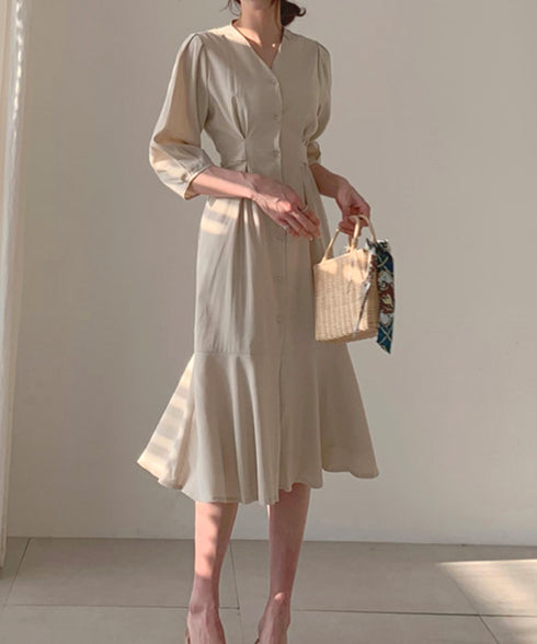 ロングワンピース Vネック レディース ミディ丈 シャツワンピース フィッシュテール ブラウスワンピース サマーワンピー 結婚式 AMXMY-6001