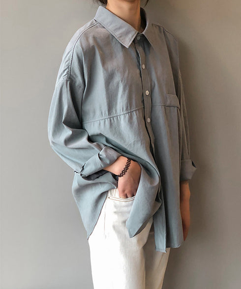シャツブラウス レディース長袖トップス ロングシャツ ラウンドヘム 体型カバー 前ポケット カーディガン 無地 ブラウス 着やせ レトロ AMYS-1006