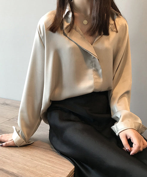 スキッパー シャツ 長袖 レディース ゆったり シルク風ブラウス 無地 とろみ シャツブラウス 春夏 きれいめブラウス AMYS-1013