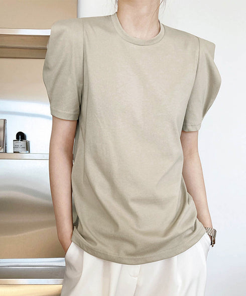 パフスリーブ Tシャツレディース 無地 ラウンドネック 半袖 カットソー 大人かわいい プルオーバー シンプル シャツブラウス 着やせ AMYX-86029