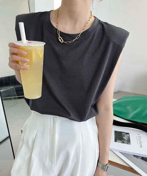 ノースリーブ tシャツ レディース韓国風 シンプル クルーネック カットソー 無地 プルオーバー 夏 ゆったり 肩パッド付き Tシャツ オフィスカジュアル 涼しい AMYX-86065