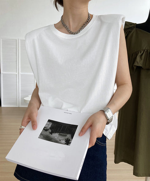 ノースリーブ tシャツ レディース韓国風 シンプル クルーネック カットソー 無地 プルオーバー 夏 ゆったり 肩パッド付き Tシャツ オフィスカジュアル 涼しい AMYX-86065