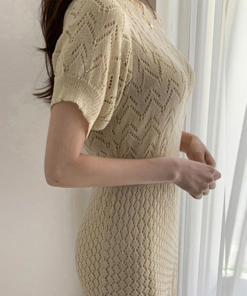 透かし編みニットワンピース2点セット韓国 レディース おしゃれ クロシェニット キャミワンピ付き サマーマーメイドワンピース 半袖 ラウンドネック 春夏 きれいめ AMBL-6001