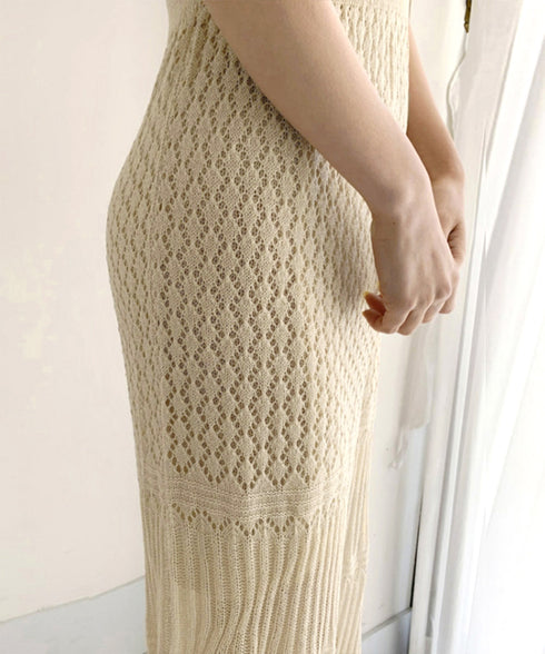 透かし編みニットワンピース2点セット韓国 レディース おしゃれ クロシェニット キャミワンピ付き サマーマーメイドワンピース 半袖 ラウンドネック 春夏 きれいめ AMBL-6001