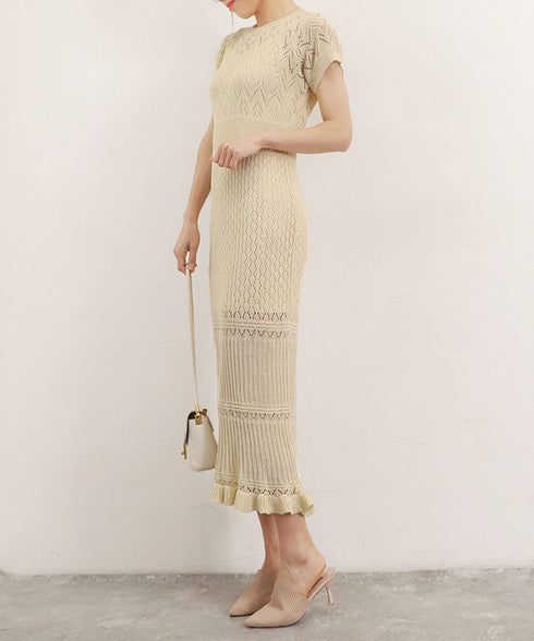 透かし編みニットワンピース2点セット韓国 レディース おしゃれ クロシェニット キャミワンピ付き サマーマーメイドワンピース 半袖 ラウンドネック 春夏 きれいめ AMBL-6001