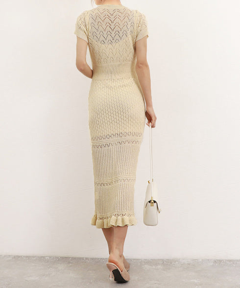 透かし編みニットワンピース2点セット韓国 レディース おしゃれ クロシェニット キャミワンピ付き サマーマーメイドワンピース 半袖 ラウンドネック 春夏 きれいめ AMBL-6001