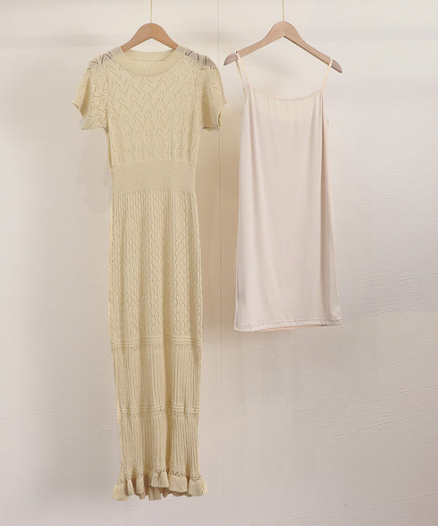透かし編みニットワンピース2点セット韓国 レディース おしゃれ クロシェニット キャミワンピ付き サマーマーメイドワンピース 半袖 ラウンドネック 春夏 きれいめ AMBL-6001