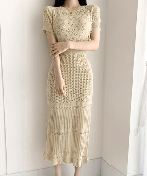 透かし編みニットワンピース2点セット韓国 レディース おしゃれ クロシェニット キャミワンピ付き サマーマーメイドワンピース 半袖 ラウンドネック 春夏 きれいめ AMBL-6001