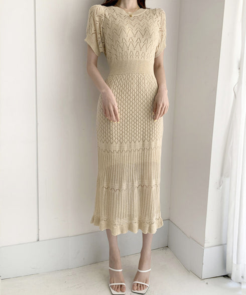 透かし編みニットワンピース2点セット韓国 レディース おしゃれ クロシェニット キャミワンピ付き サマーマーメイドワンピース 半袖 ラウンドネック 春夏 きれいめ AMBL-6001