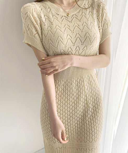 透かし編みニットワンピース2点セット韓国 レディース おしゃれ クロシェニット キャミワンピ付き サマーマーメイドワンピース 半袖 ラウンドネック 春夏 きれいめ AMBL-6001