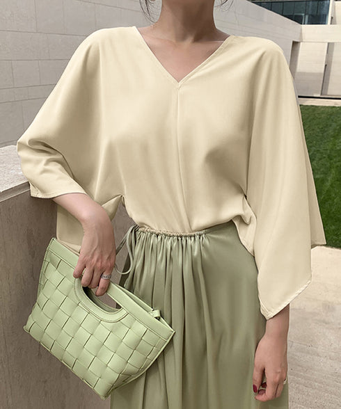 とろみブラウス レディース トップス vネック 春夏 ゆったり ドロップショルダーブラウス きれいめ 7分袖 シャツ ブラウス AMCYH-82005