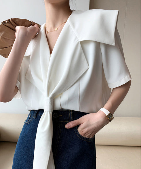 セーラーカラー ブラウス レディース リボン 上品ブラウス きれいめ 春夏 スキッパーシャツブラウス 韓国風30代 40代 着やせ AMCYH-82009