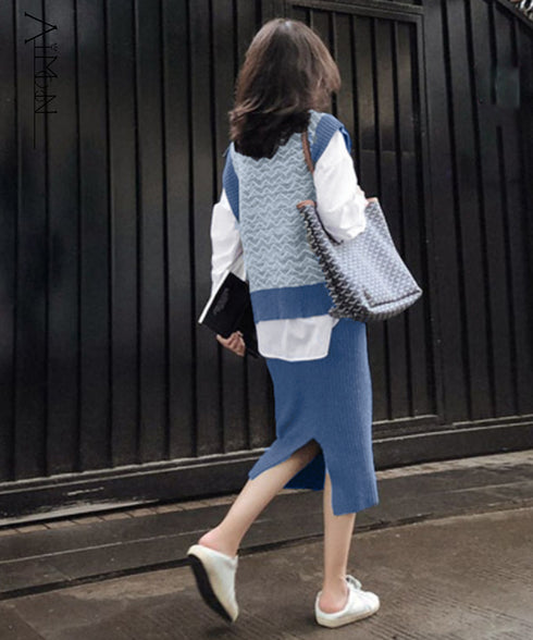 韓国 セットアップ レディース 秋冬服 3点セット カジュアル ワイシャツ ニットベスト ショート丈 リブニット スカート バックスリット AMGS-6002
