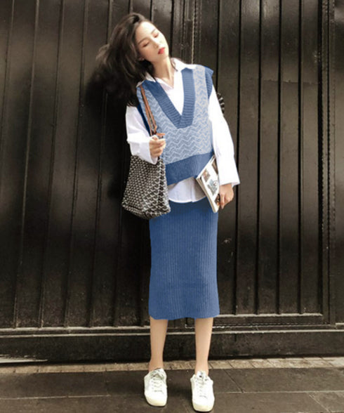 韓国 セットアップ レディース 秋冬服 3点セット カジュアル ワイシャツ ニットベスト ショート丈 リブニット スカート バックスリット AMGS-6002