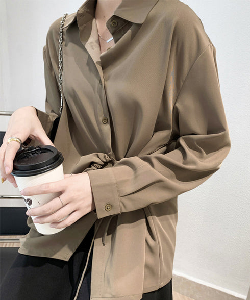 シャツブラウス レディース 不規則シャツ 長袖トップス ゆったり ロングシャツ 通勤 OL 白シャツ ウェストマーク 韓国 春夏 AMJZ-83001