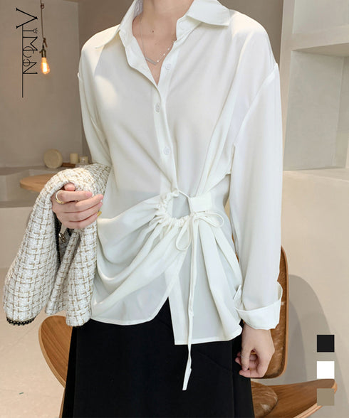 シャツブラウス レディース 不規則シャツ 長袖トップス ゆったり ロングシャツ 通勤 OL 白シャツ ウェストマーク 韓国 春夏 AMJZ-83001