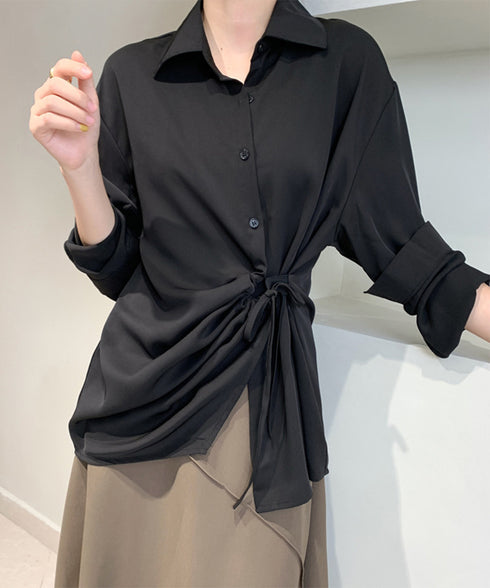 シャツブラウス レディース 不規則シャツ 長袖トップス ゆったり ロングシャツ 通勤 OL 白シャツ ウェストマーク 韓国 春夏 AMJZ-83001