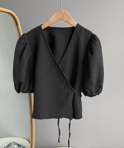 カシュクール トップス パフスリーブ レディース 半袖 フェミニンブラウス 上品 vネック カットソー レトロ風 オシャレ プルオーバー AMJZ-83007