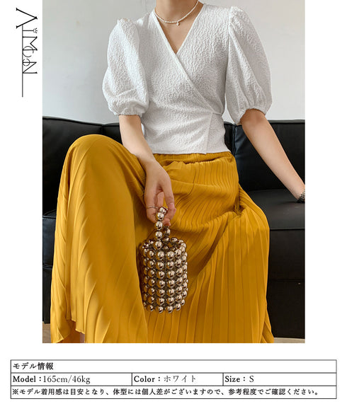 カシュクール トップス パフスリーブ レディース 半袖 フェミニンブラウス 上品 vネック カットソー レトロ風 オシャレ プルオーバー AMJZ-83007